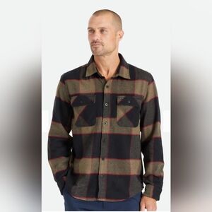 Brixton Bowery Flannel Button Down Shirt Standard Medium Black Moss Green Red